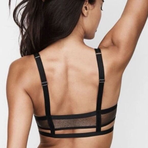 Victoria’s Secret Caged Bra Bralette Black Silver Foil Mesh Shine & Plunge Large - Picture 3 of 12